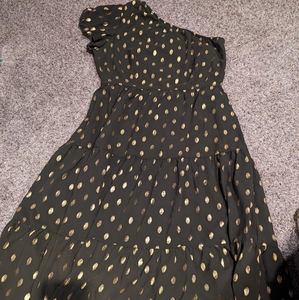 Women's one shoulder Flowy dress, green with gold accents